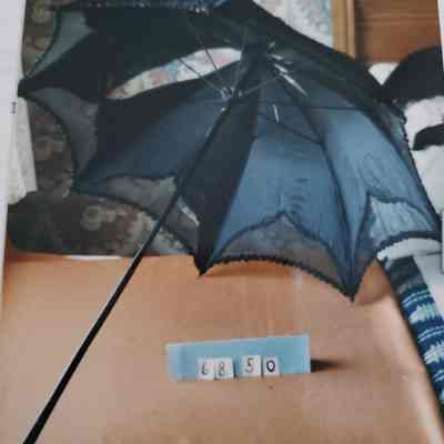 Long Black Organdy and Taffeta Parasol-Metal Handle with Design