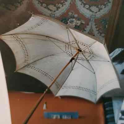 White Linen Covered Parasol, Eyelet Flowers Design, Large Square Handle