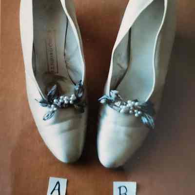White Satin Wedding Shoe with Silver Wire Leaves and Pearl Decorations