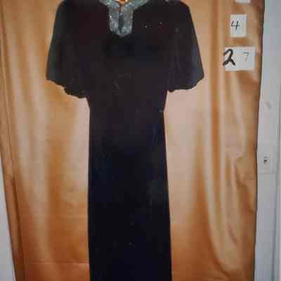 Dark Blue Velvet Evening Dress with Bugle Bead Trim