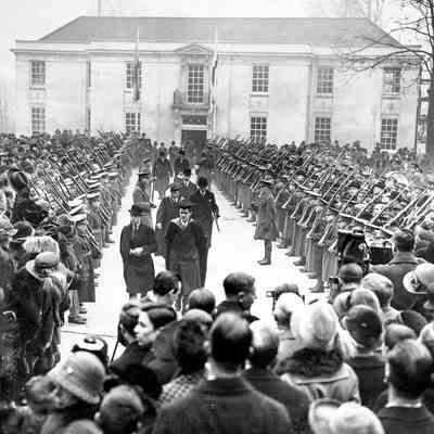 Procession headed by Prince of Wales and M L Jacks leaving Science Block