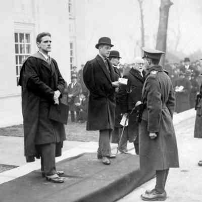 Edward, Prince of Wales making speech outside Science Block