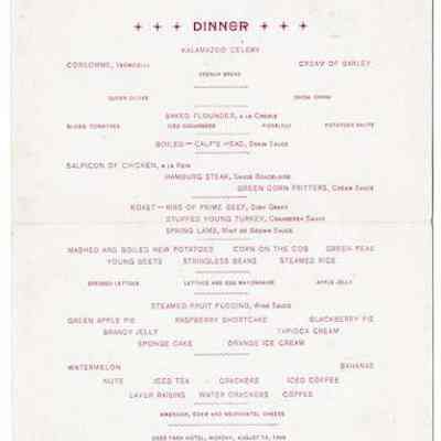 Deer Park Hotel Dinner Menu, 1899