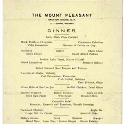 Mount Pleasant House Dinner Menu, 1920