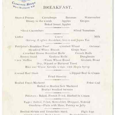 Crawford House Breakfast Menu, 1905