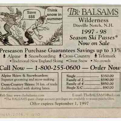 The Balsams Wilderness 1997-98 Season Ski Passes Now on Sale