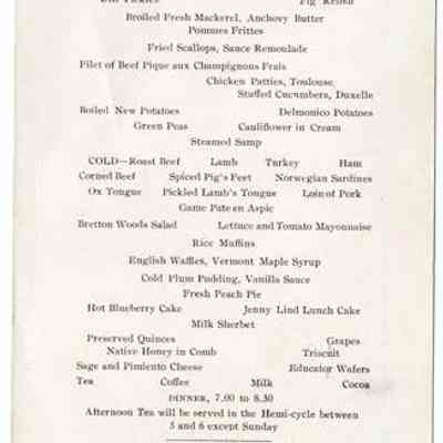 Mount Washington Hotel Luncheon Menu, 1911