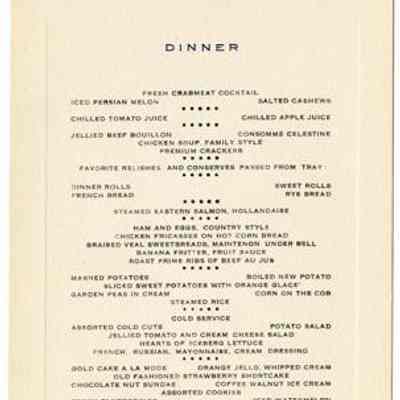 Sunset Hill House Dinner Menu, 1952