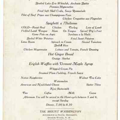 Mount Washington Hotel Luncheon Menu, 1910
