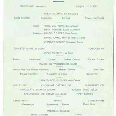 Flume House Menu, 1892