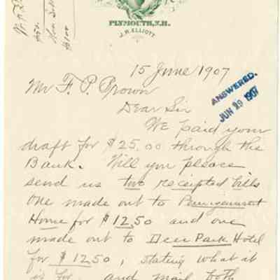 Correspondence from J.R. Elliot to F.P. Brown [Pemigewasset House]