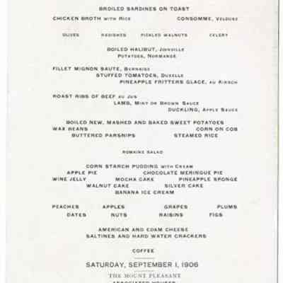 Mount Pleasant House Dinner Menu, 1906
