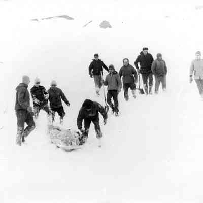 USFS and Volunteers Evacuating an Injured Skier out of Tuckerman Ravine, Mount Washington