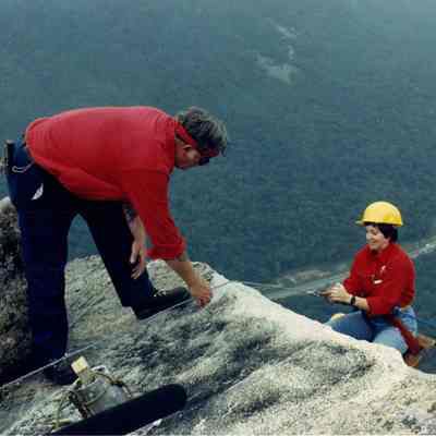 Deb Nielsen Repelling off Cannon Cliff to Repair The Old Man of the Mountain