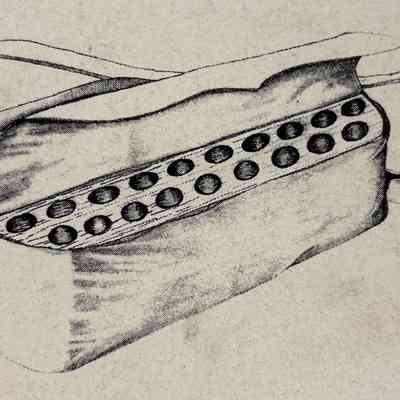 This image of the artist’s reconstruction of the cartridge box as it originally appeared was included on a foamcore mounted label in the Key to Liberty exhibit. The artist is unknown.