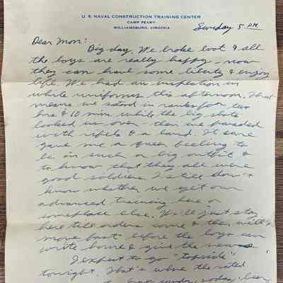 Letter - Robert Milner Bear to Mom, Mrs. John L. Bear (Date Unknown - Sunday 5:00PM)