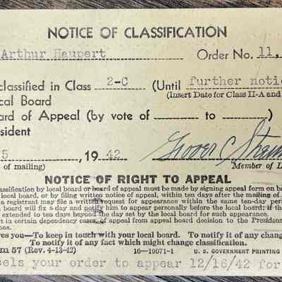 Selective Service (Draft) Notice to Registrant They Have Been Classified 2-C - Mr. Arthur Haupert