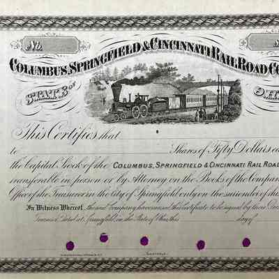 Columbus, Springfield & Cincinnati Railroad Company - Stock Certificate