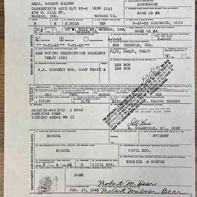 Robert Milner Bear - Notice of Separation From U.S. Naval Service (Contains ink Stamp for Benefit Eligibility)