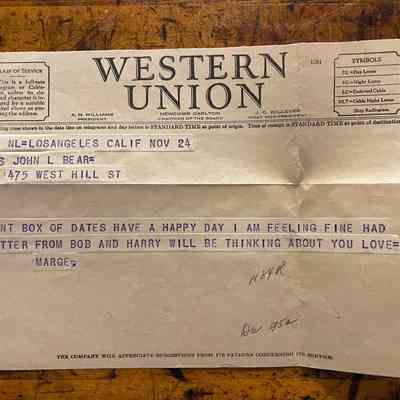 Western Union Telegram - Marge (Los Angeles, Calif.) to Mrs. John L. Bear (475 West Hill Street) Nov. 24