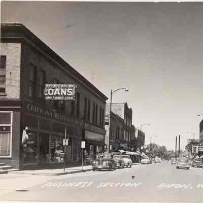 Postcard Watson Street looking north from Blossom. 1954