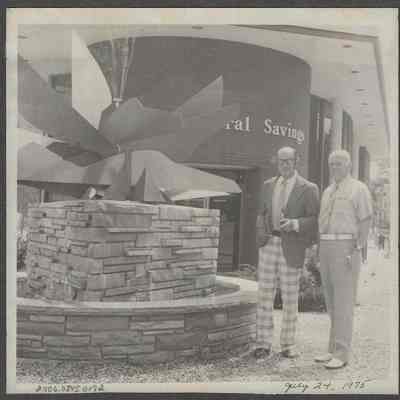 Ripon Federal Savings with sculpture in front. July 24, 1975
