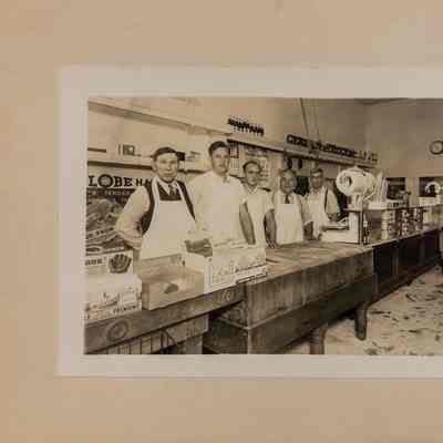 Rimpler & Tetzlaff Meat Market interior with owner/employees c. 1940