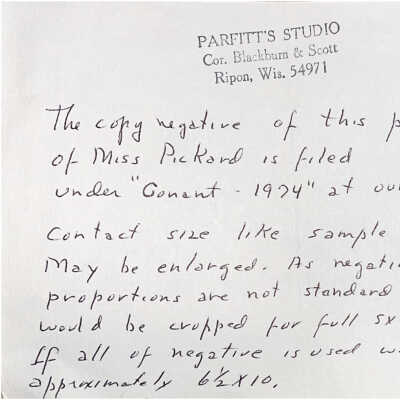 Note from Parfitt's Studio, in Ripon, WI.