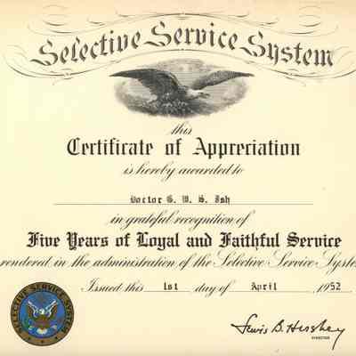 Selective Service Award; George W.S. Ish Sr. 1 APR 1952