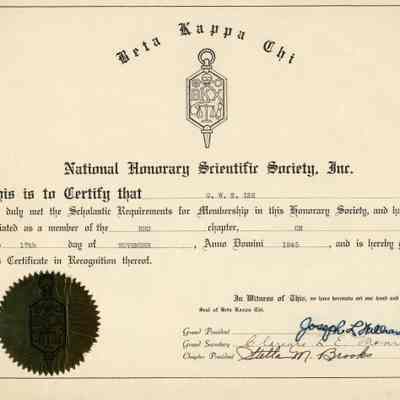 G.W.S. Ish Sr. Beta Kappa Chi National Honorary Scientific Society Inc. Membership Certificate of Recognition ; 17 NOV 1945