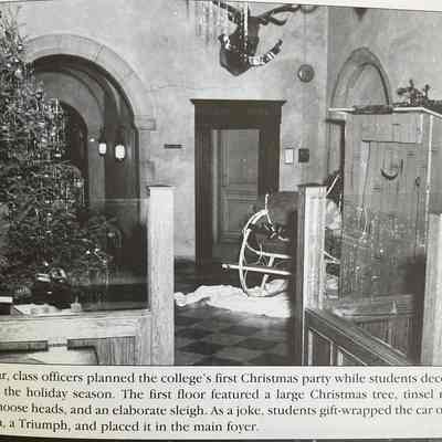 There are not any historic photos of the elk while the Coe's lived at Planting Fields. However, this photo from a SUNY era yearbook c. late 1950s depicts the elk in the entrance hall.