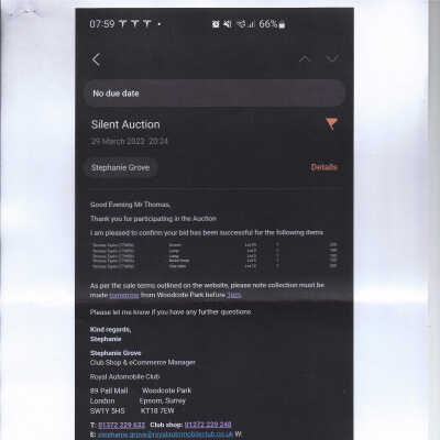 Screen shot confirmation of Tom Taylor's purchase of screen March 2023