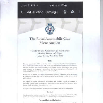 Screen shot confirmation of listing of screen at the Royal Automobile Club Silent Auction, March 2023