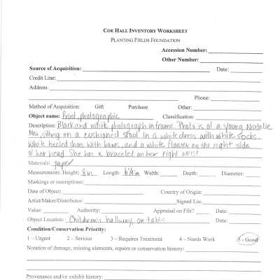 previous inventory worksheet (for photograph. no accession #)