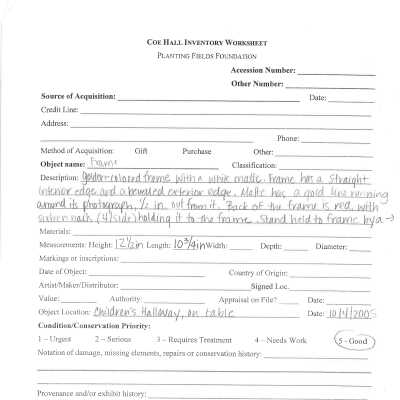 previous inventory worksheet (for frame. no accession #)