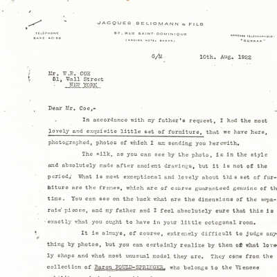 1922 letter from Jacques Seligmann