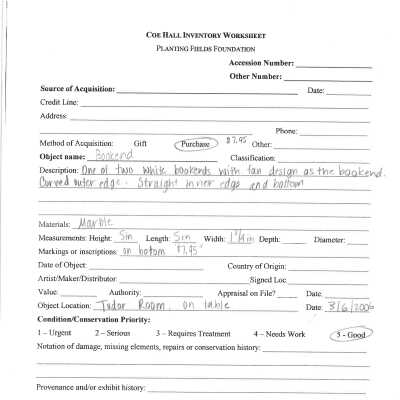 previous inventory worksheet (no accession #)