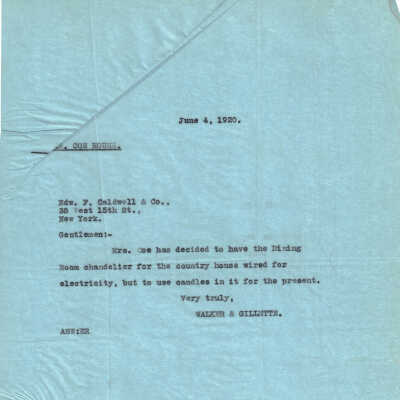 letter about wiring the chandelier for electricity