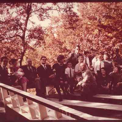Coe_Family_037: Family photo of Ernesto "Tino" Vitetti, Michael Coe, Sarah Coe, Sophie Coe, Peter (?), Count Leonardo Vitetti, H.H. Rogers Coe II, Anne Rogers Coe, Bobby Coe, William Robertson Coe II, Natalie Coe (Vitetti), Henry H.R. Coe, Nicholas, Andrew, Billy Coe, Anne Coe, Peg Coe, Clover Coe, William Rogers Coe, photographed by James L. Dillon & Co. Inc.