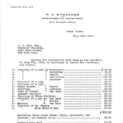 bill for restoration work done on painting