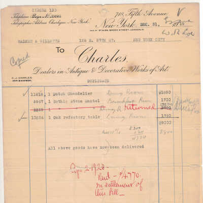 Charles receipt for "Dutch Chandelier"