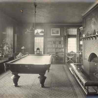 Byrne_015: Interior of Byrne House with fireplace and pool table, photographed by August Patzig