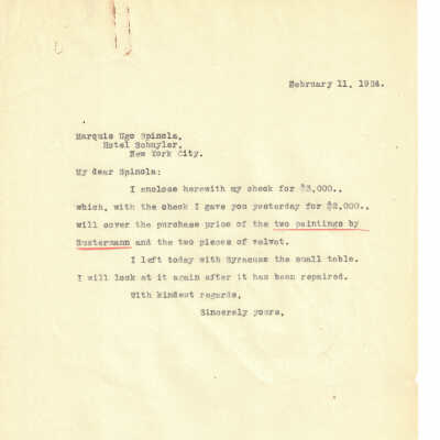 1924 letter: Letter from (Jacques Seligmann?) to Ugo Spinola about purchase of two paintings by Sustermann.