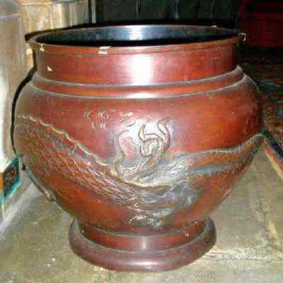 Jardinere-Japanese Bronze Repousse' Dragon and Bird