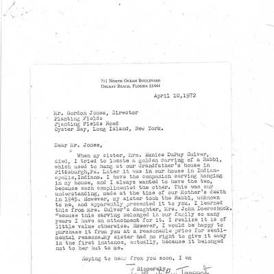 Letters between donors sister and Director in 1972 re: possibly returning the piece