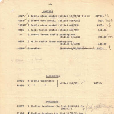 Charles Duveen list of mantels purchased