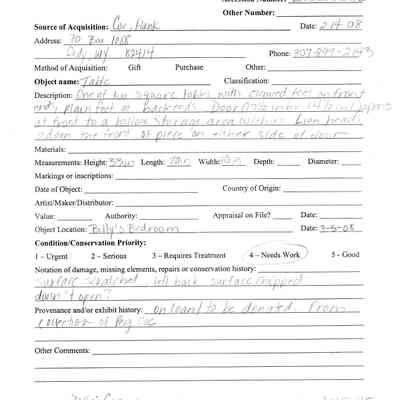 Worksheet w/ info on cabinet