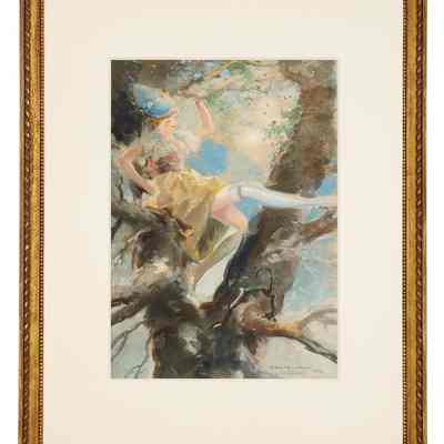 Frame for Shinn's "Lady in a Tree". Gold frame with engraved lines in box pattern on inner border, and scroll design on outer border.