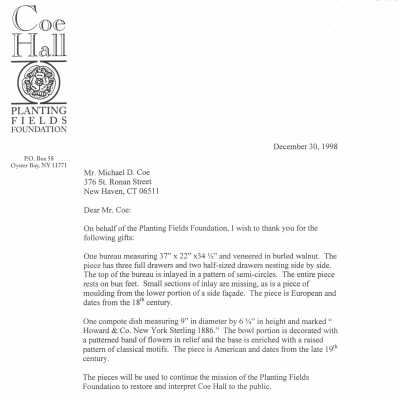 Gift letter to Michael Coe for compote dish