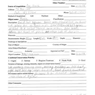 Worksheet w/ info on cabinet